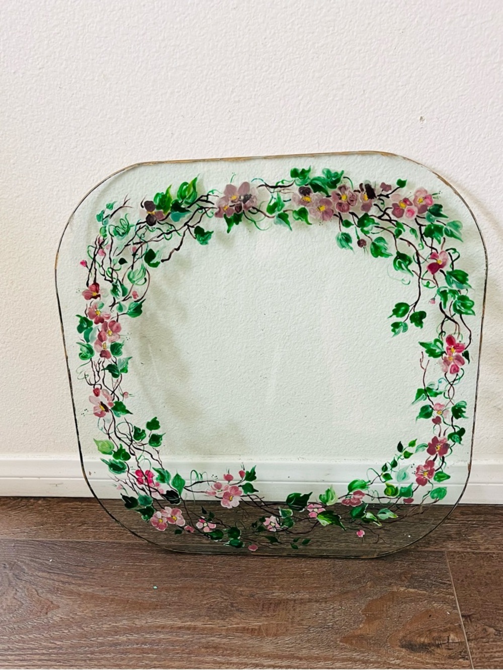Hand-Painted Floral table top in Pink and Green